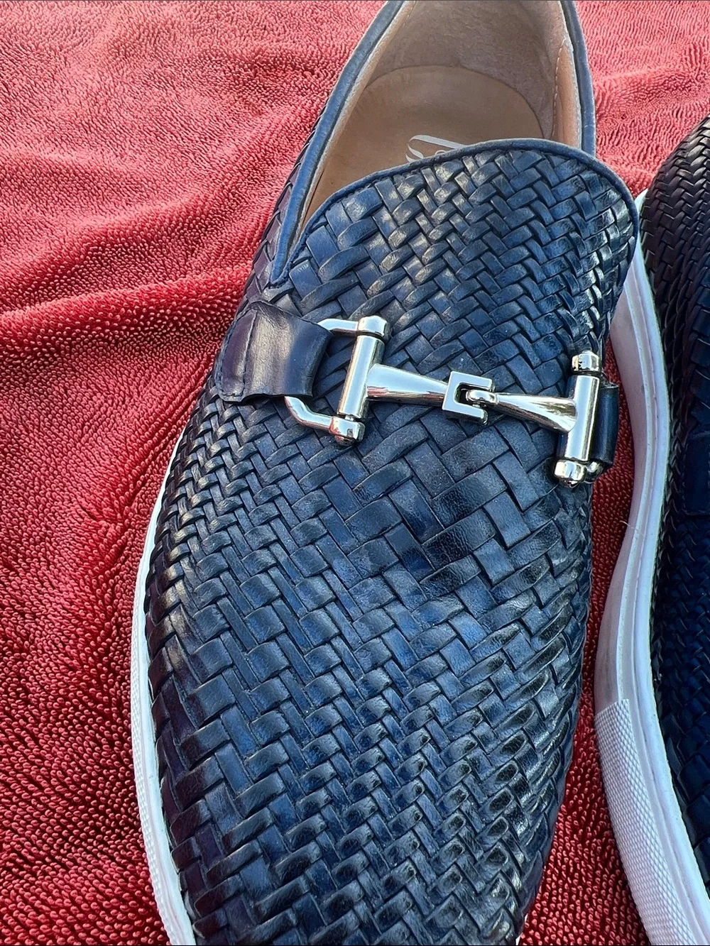 Men's Boardwalk Woven Calfskin Leather Bit Buckle Slip On Sneakers 8 Men’s